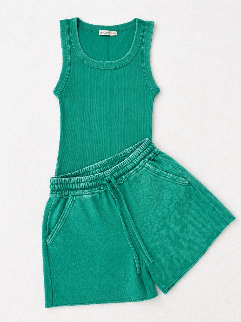 Zenana acidwashed green Tank Top & Drawstring Shorts Set